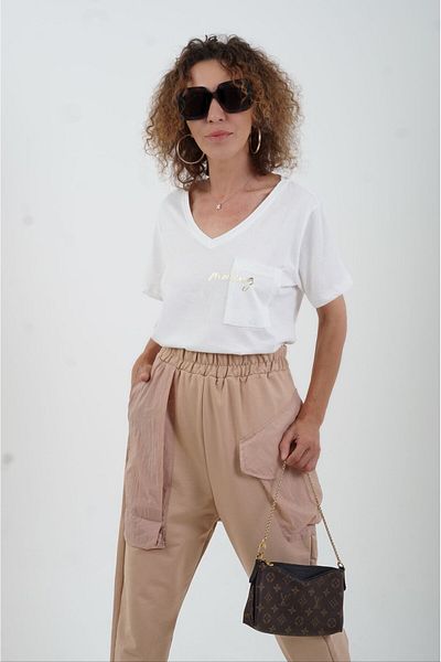 Zelish My Sister Ecru Morning - Foil Printed V-Neck T-Shirt