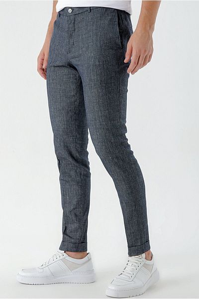 Morven Men's Navy Blue Polyviscose-Linen Patterned Side Elastic Slim Fit Trousers