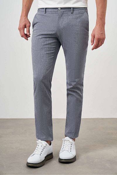 Morven Men's Navy Blue Sawa Patterned Polyviscon-Linen Slim Fit Trousers