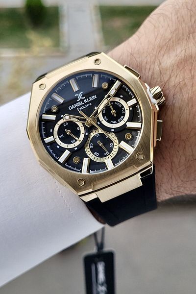 Daniel Klein Men's Wrist Watch - Gold Color Cord, Black Inner Gauges, Gift Package
