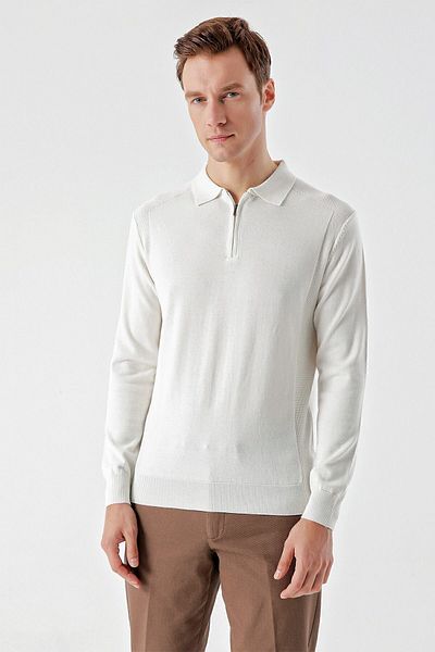 Morven Ανδρικά πλεκτά πλεκτά εκρού Trend Jacquard με φερμουάρ με λαιμόκοψη Dynamic Fit Relaxed Cut