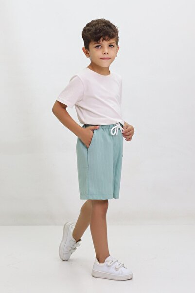 Kamex Çizgili Bağcıklı Yan Cepli Unisex Çocuk Şort Yeşil