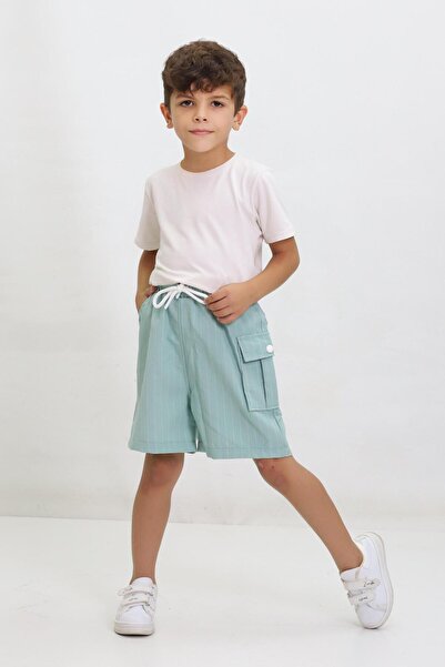 Kamex Çizgili Bağcıklı Yan Cepli Unisex Çocuk Şort Yeşil