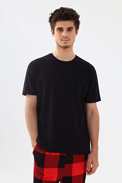 koza iç giyim Erkek Kısa Kollu Pamuklu Kırmızı Ekose Desenli Kombinli Pijama Takımı