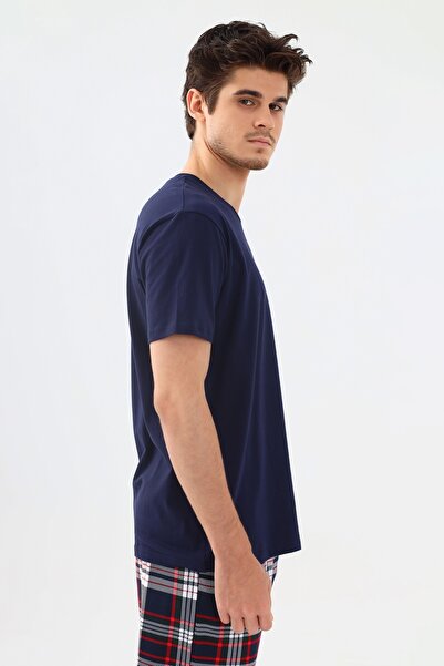 koza iç giyim Erkek Kısa Kollu Ekose Desenli Pamuklu Pijama Takımı