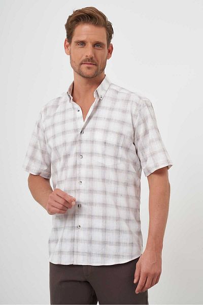 Morven Men's Beige Linen Checked Short Sleeve Regular Fit Shirt with Pockets