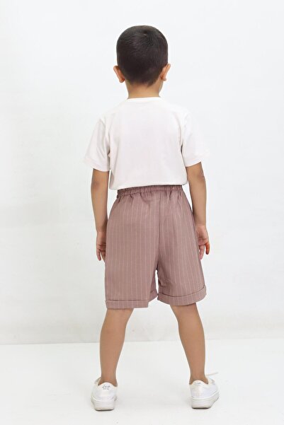 Kamex Çizgili Armalı Duble Paça Unisex Çocuk Şort Bej