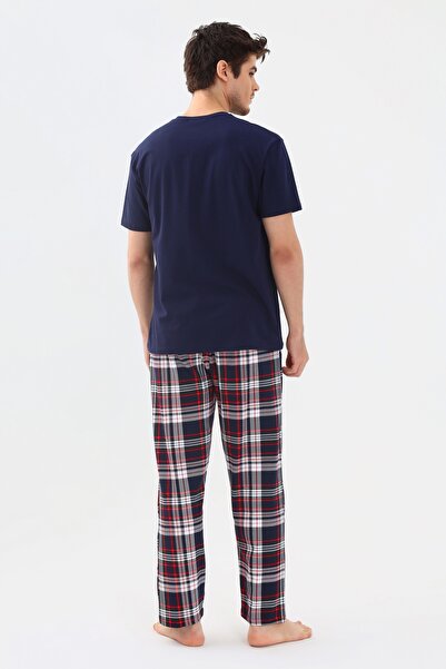 koza iç giyim Erkek Kısa Kollu Ekose Desenli Pamuklu Pijama Takımı