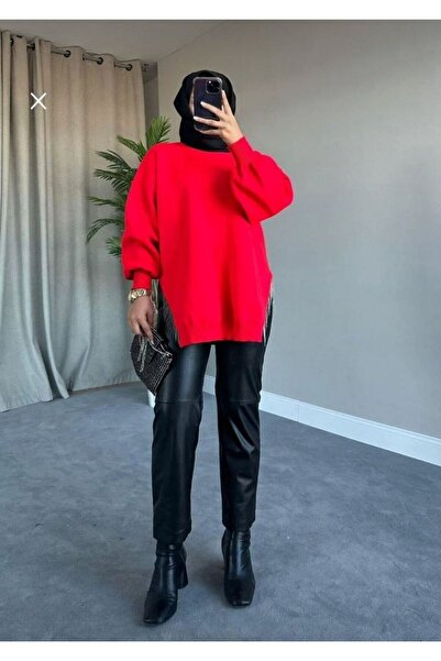 Sfg Life Moda Stone Detailed Crew Neck Slit Oversize Knitwear Tunic - Balloon Sleeve