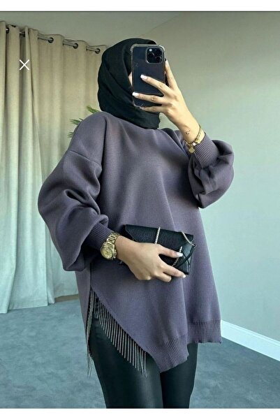 Sfg Life Moda Πέτρινη Λεπτομερής λαιμόκοψη ποδηλάτου με σχισμή πλεκτό χιτώνα μεγάλου μεγέθους - μπαλόνι μανίκι