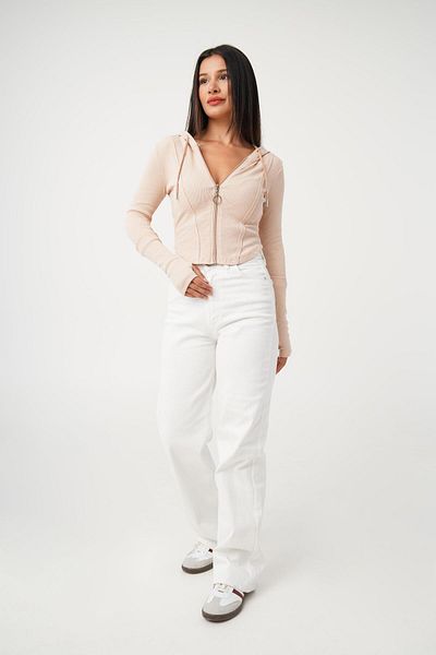 Hipo Trend Hooded Oval Cut Zippered Powder Cardigan