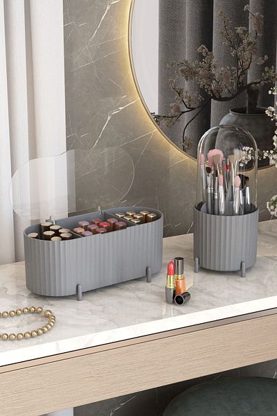 Pufwin Home Zebra Set - Makeup Brush and Cosmetic Organizer with Transparent Lid, 2-Piece Organizer Set