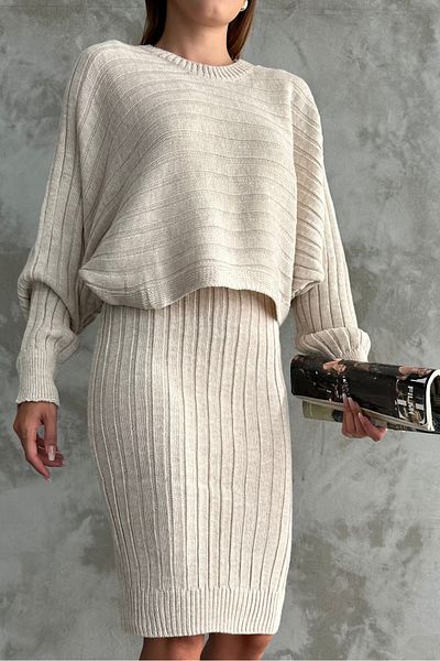 macharel jeans Bat Sleeve Double Knitwear Set - Stone Dress/Sweater