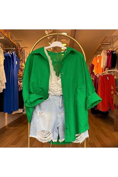 Durmaz Cămașă de damă din in oversize sezon nou - vară