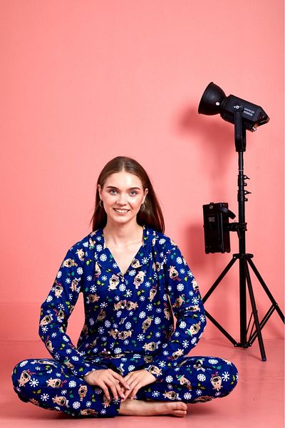 MEBA Black Heart Patterned Seasonal Suede Women's Pajamas Set - Front Buttoned