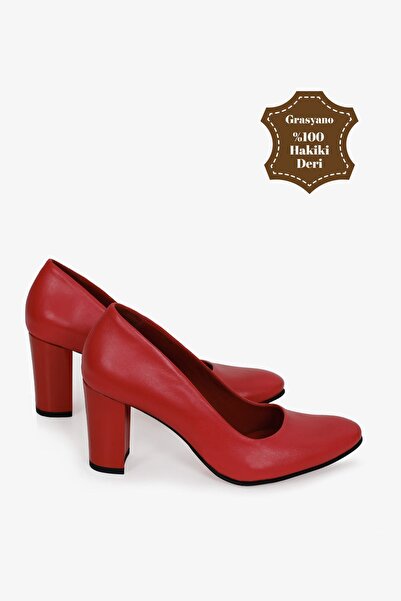 Grasyano Hakiki Deri Kırmızı Sade Comfort Premium Yumuşak Deriden 7,5 Cm Kırılmaz Kalın Topuklu Ayakkabı