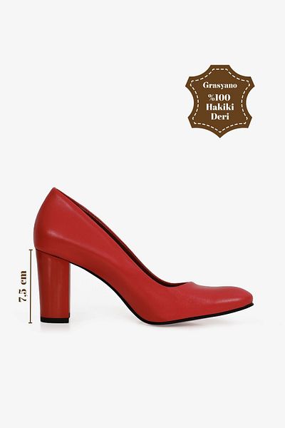 Grasyano Genuine Leather Red Plain Comfort Premium Soft Leather 7.5 Cm Unbreakable Thick Heeled Shoes