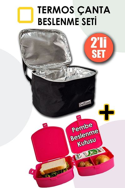 Deftion Premium Girl's Feeding Set - Thermal Thermos, 4 Compartment Lunch Box, Pink