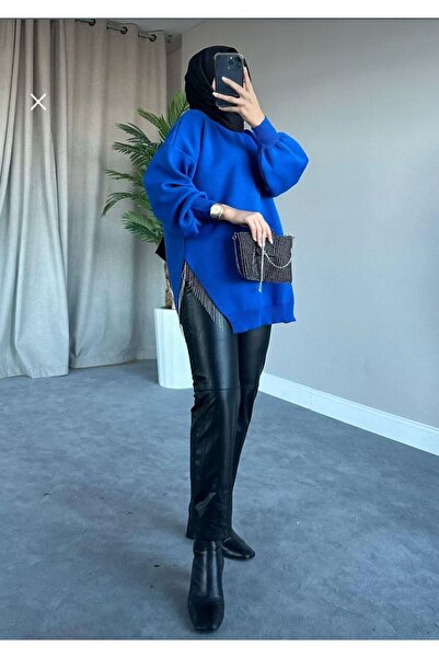 Sfg Life Moda Πέτρινη Λεπτομερής λαιμόκοψη ποδηλάτου με σχισμή πλεκτό χιτώνα μεγάλου μεγέθους - μπαλόνι μανίκι