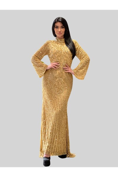 hanımefendi Taş Detaylı Pullu Uzun Tesettür Abiye Elbise