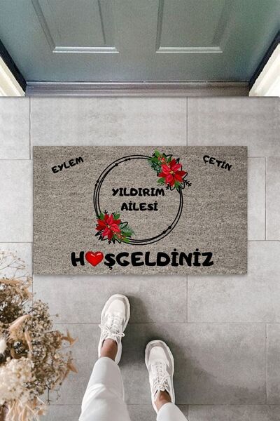 Dormot Home Modern Dijital Baskı - Kişiye Özel Kalpli Hoşgeldiniz Paspas - De...