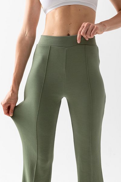 CNRCollection High Waist Ribbed Khaki Modal Leggings - Stretchy and Recovery Spanish Leg Women's Trousers