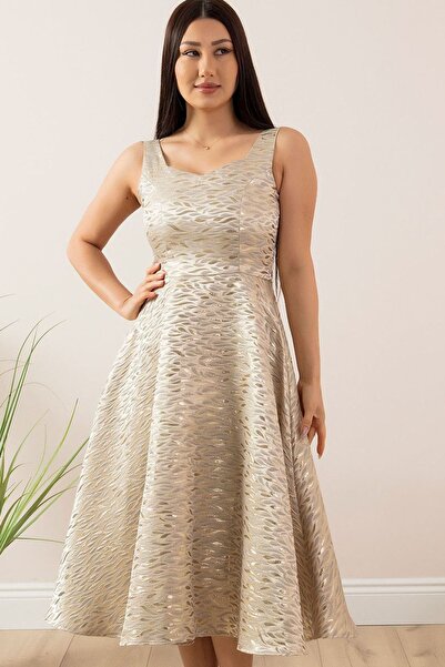 CoolLook Parantez Yaka Kalın Askılı Kolsuz Fermuarlı Jakarlı Simli Desenli As...