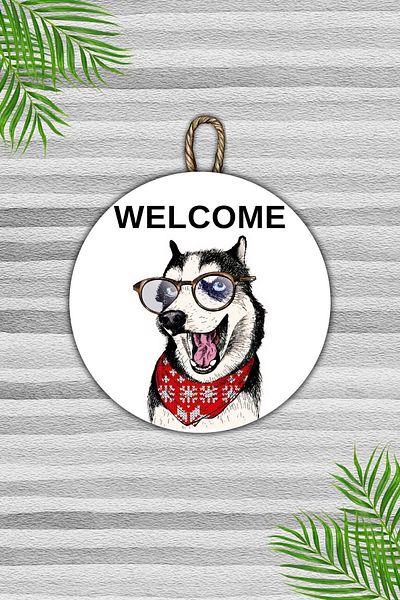 Dormot Home Modern Wooden Door Ornament - Welcome Door Ornament with White Background and Dog Design - Door Ornament for Outdoors