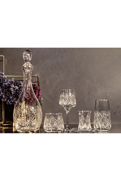 sudeka 61 Parça 12 Kişilik Dantel El Dekor Kristal Kesme Cam Su Takımı