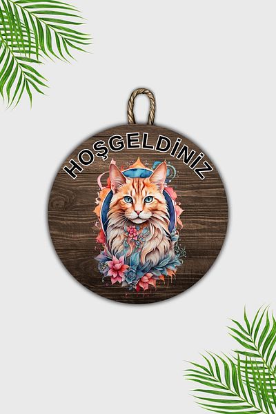 Dormot Home Modern Wooden Door Ornament - Welcome Wall Ornament with Flowers and Cat - Outdoor Door Ornament
