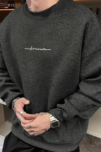 Millionaire Ανδρικό φούτερ Anthracite Dreamer Printed 0 Crew Neck Oversize Loose Loose Cut Fleece φούτερ
