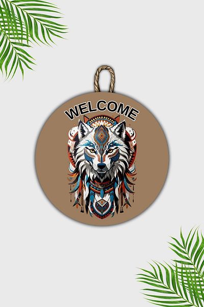 Dormot Home Modern Brown Wolf Patterned Wooden Door Ornament - Outdoor Door Ornament