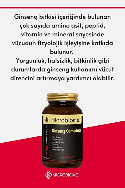 Microbiome Ginseng Complex Kore, Sibirya, Amerikan Ginsengi, L-arjinin Ve Ginkgo Biloba Kompleks 30 Kapsül