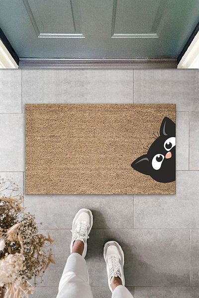 Dormot Home Digital Printing Quality Brown Sideways Black Cat Decorative Door Mat