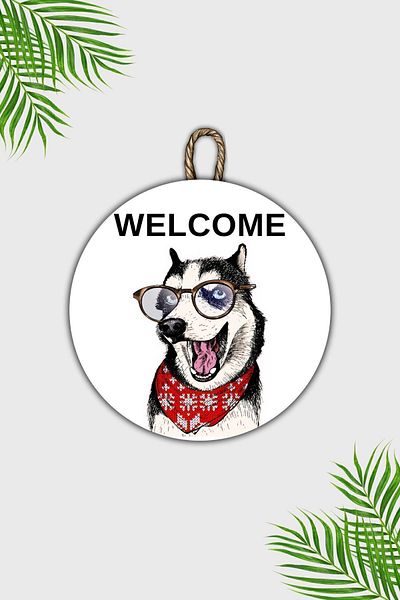 Dormot Home Modern Wooden Door Ornament - Welcome Door Ornament with White Background and Dog Design - Door Ornament for Outdoors