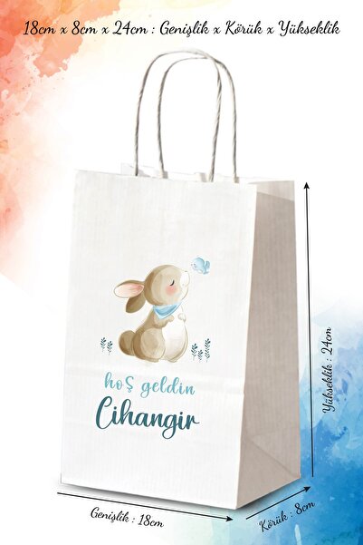 nna tasarım 50 Adet Kişiye Özel Isim Baskılı Hediyelik Kağıt Çanta Poşet 18x8x24 Cm (BT75-50)