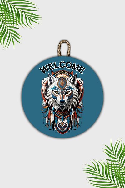 Dormot Home Modern Blue Wolf Patterned Wooden Door Ornament - Outdoor Door Ornament