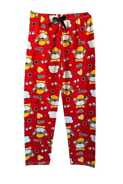 UygunHep Women's Relaxed Cut Red Yellow Teddy Bear Patterned Cotton Pajama Bottoms