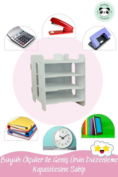 Pandogo Masaüstü Ahşap Dosya Düzenleyici A4 Evrak Rafı Dosyalık Beyaz Renk Model 2