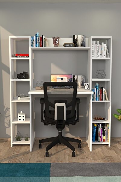 Moonlife Modern Kitaplıklı Çalışma Masası, Bilgisayar Masası Beyaz