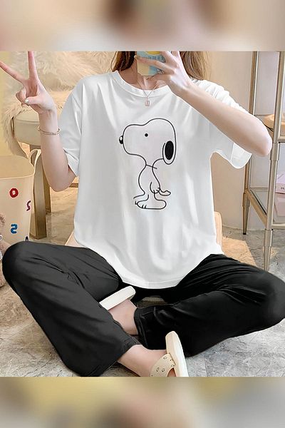 Mythologie Set de pijamale de damă din bumbac cu picioare largi, alb, negru, cu imprimeu Snoopy - tricou cu gât crew