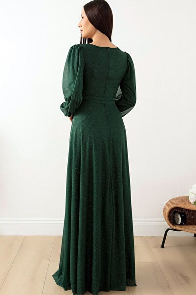 Ottawe Kruvaze Yaka Göğüs Dekolteli Balon Kol Rahat Kalıp Kuşaklı Fermuarlı Tam Boy Tül Şifon Abiye Elbise