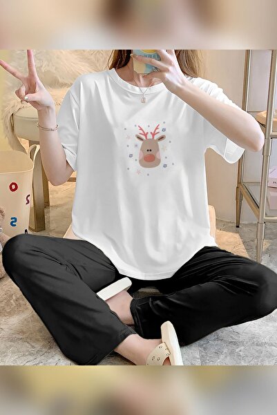 Trendglow White Black Deer Printed Cotton Women's Pajamas Set - Wide Leg Crew Neck T-Shirt