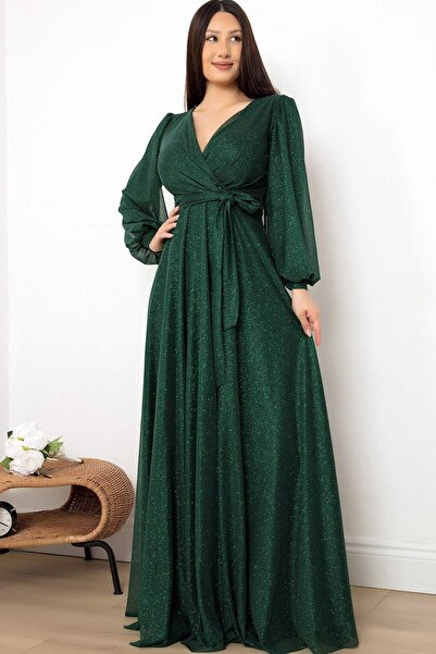 Ottawe Kruvaze Yaka Göğüs Dekolteli Balon Kol Rahat Kalıp Kuşaklı Fermuarlı Tam Boy Tül Şifon Abiye Elbise