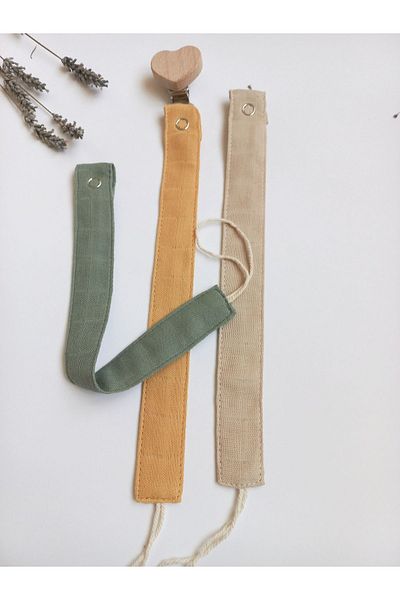 sbbaby Muslin Wooden 3-Piece Pacifier Strap with Heart Clips Green Mustard Beige