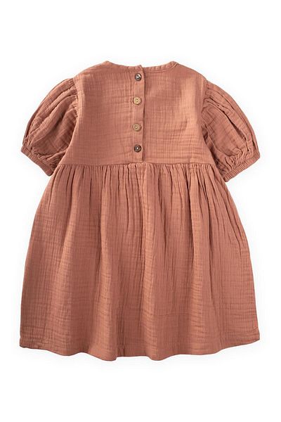 Cigit Hellbraunes Kleid aus Bio-Musselin mit Ballonärmeln, Alter 2–10
