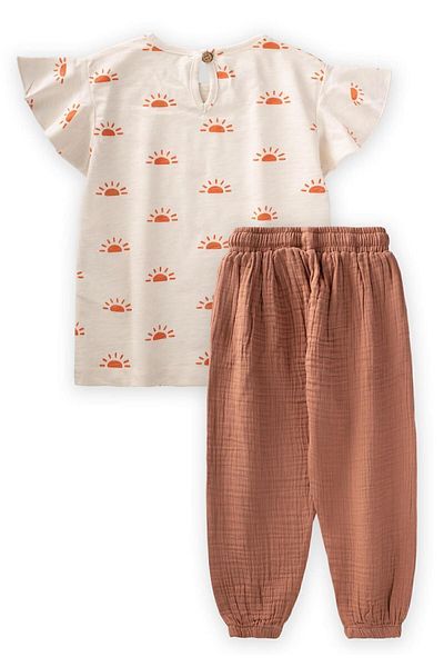 Cigit Patterned Organic Muslin Shalwar Set 2-8 Years Ecru - Light Brown