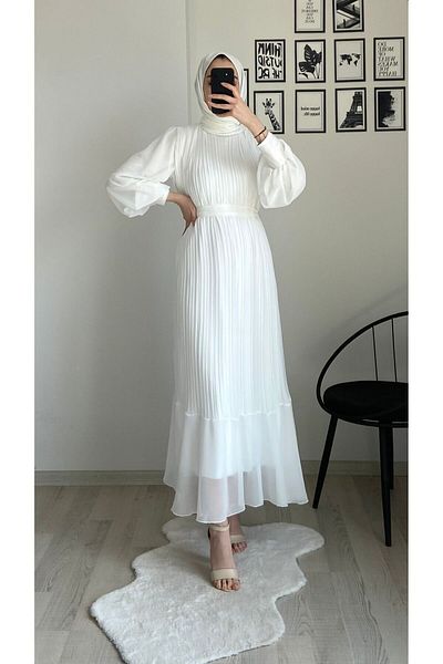 CYM Butik White Pleated Chiffon Hijab Dress