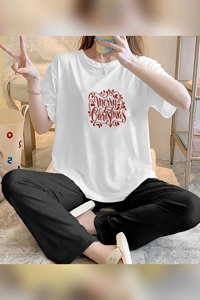Mythologie Set de pijamale de damă din bumbac alb negru - Tricou cu gât cu picioare late