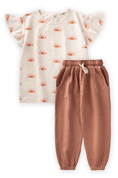 Cigit Patterned Organic Muslin Shalwar Set 2-8 Years Ecru - Light Brown